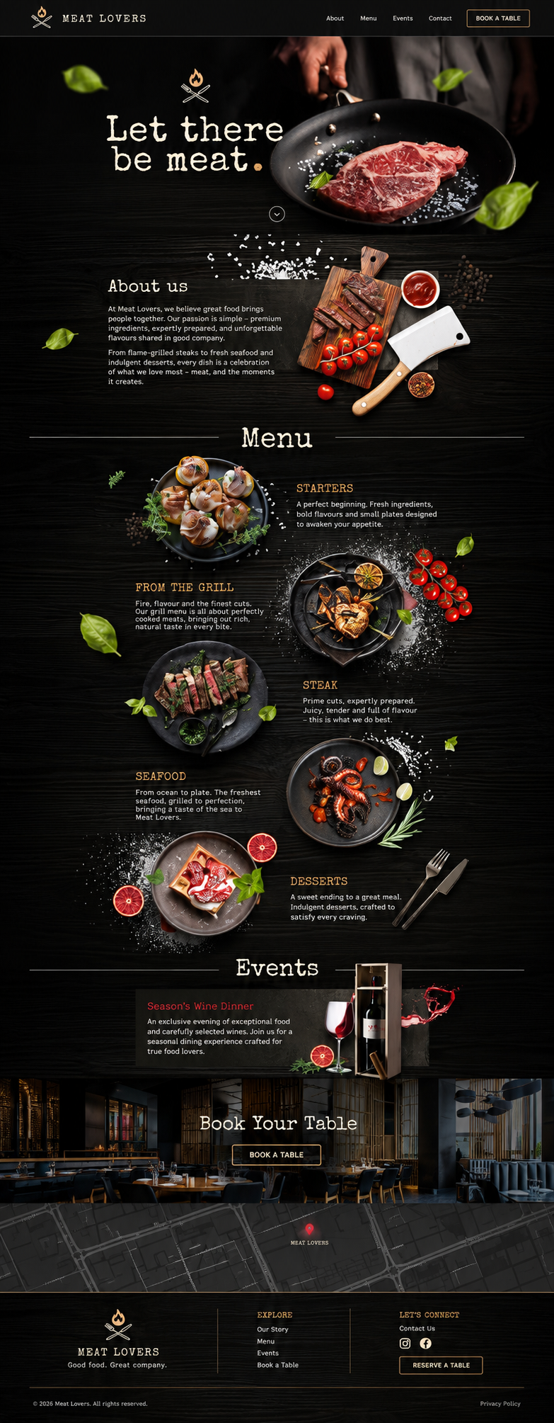 Meat Lovers steakhouse website preview: signature steaks, menu, events and table reservations