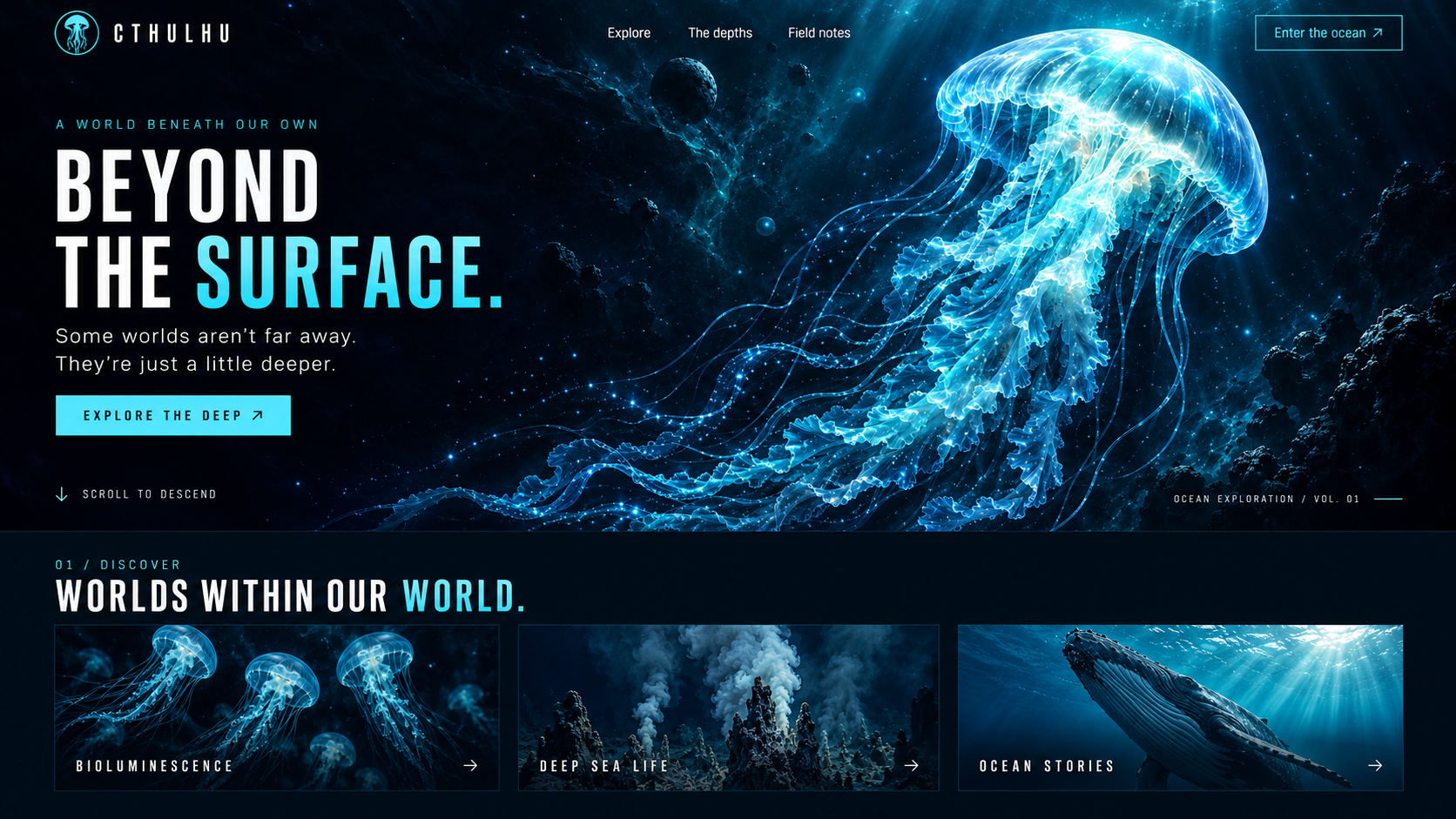 Cthulhu ocean exploration website concept with a glowing blue jellyfish and Beyond the Surface headline