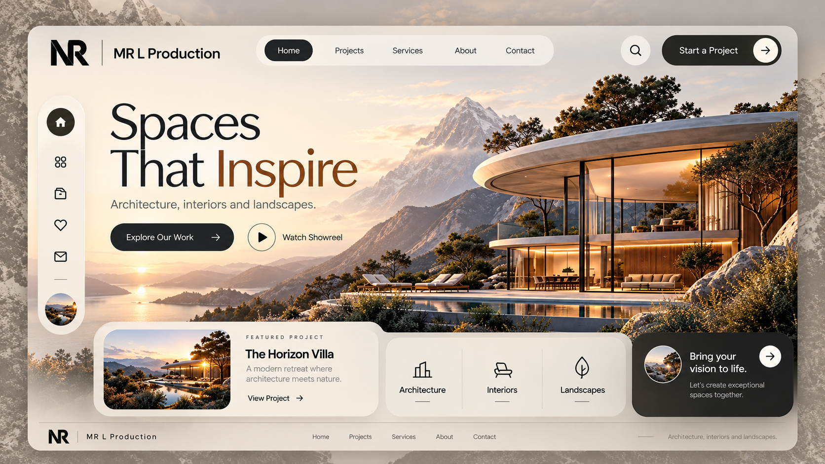 MR L Production architecture website concept with a mountain villa and project showcase