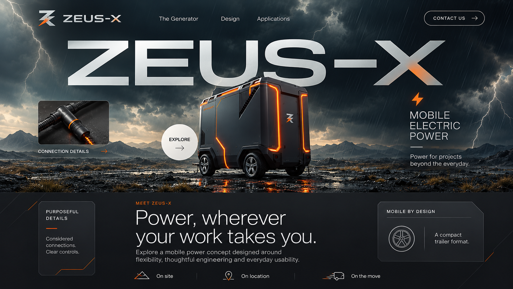 ZEUS-X mobile electric power website concept with a detailed generator and storm landscape